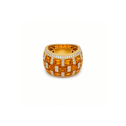 Citrine and Diamond Lattice Dome Cocktail Ring-Citrine and Diamond Lattice Dome Cocktail Ring
