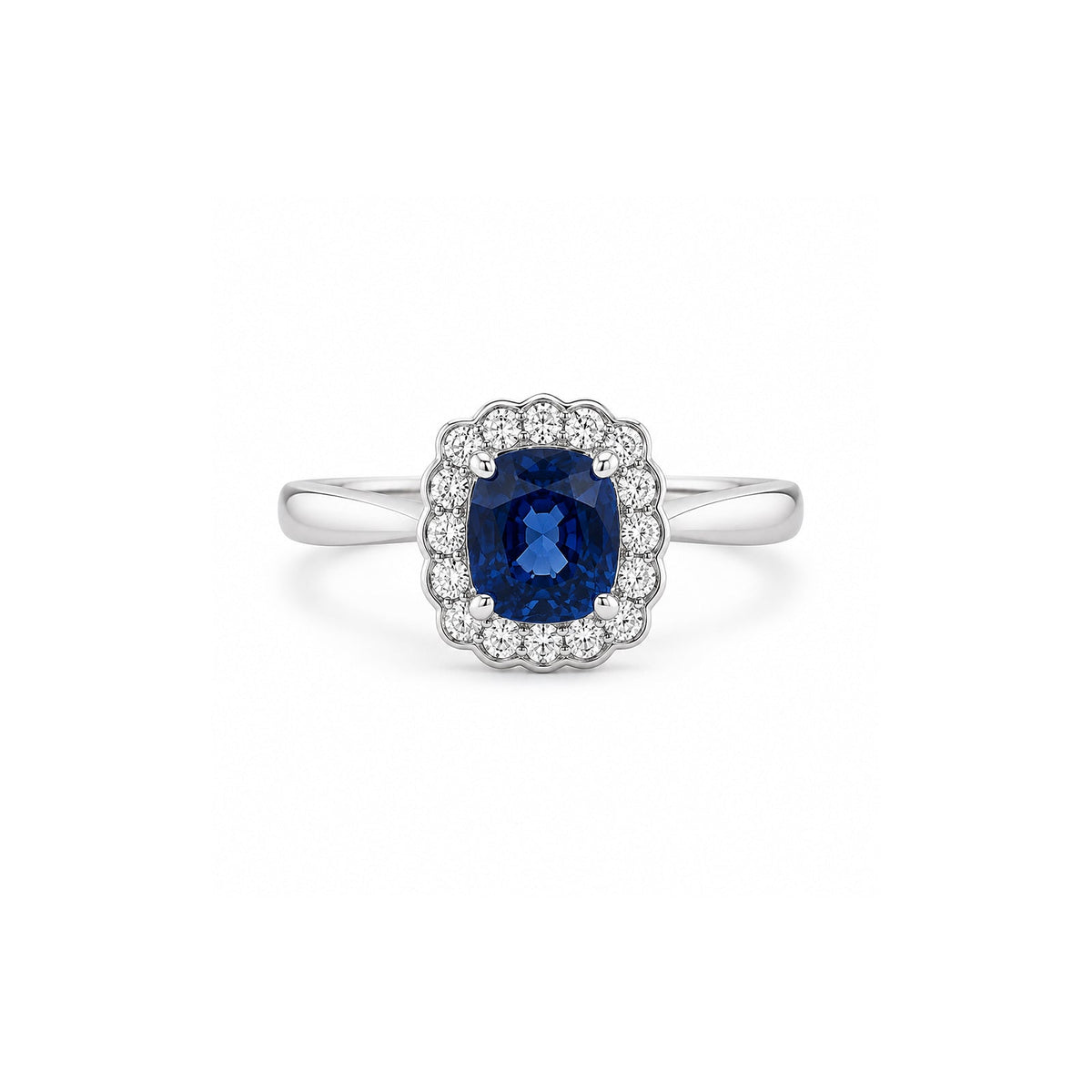Cushion Cut Blue Sapphire and Scalloped Diamond Halo Ring - SRDRA02188