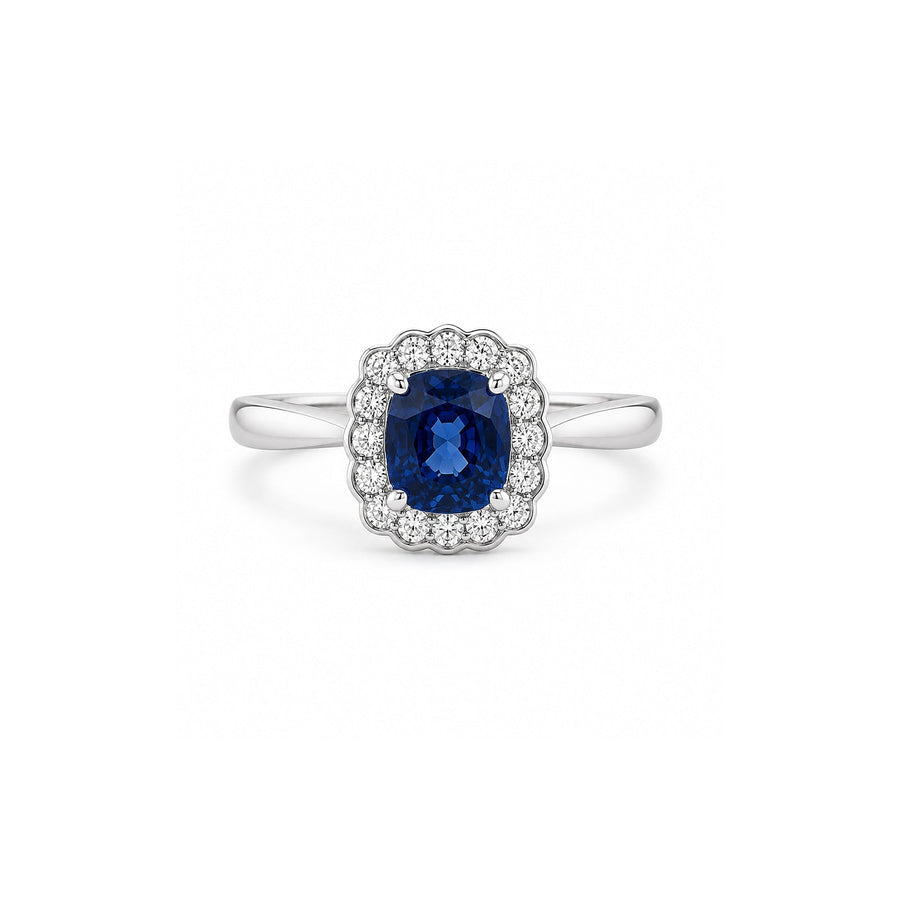 Cushion Cut Blue Sapphire and Scalloped Diamond Halo Ring - SRDRA02188