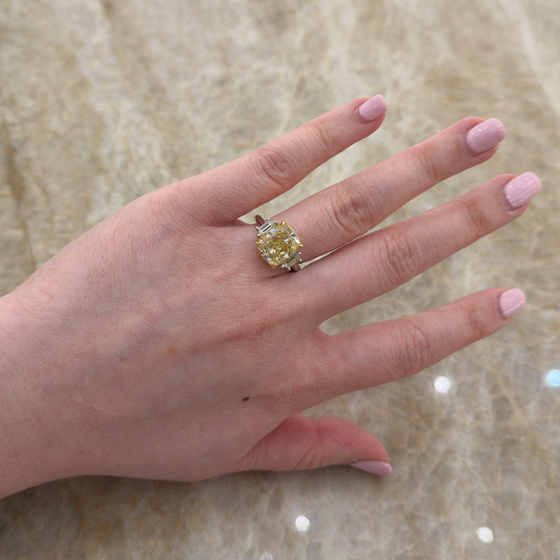 Cushion Cut Fancy Yellow Diamond 3 Stone Engagement Ring-Cushion Cut Fancy Yellow Diamond 3 Stone Engagement Ring - DRNOV00992