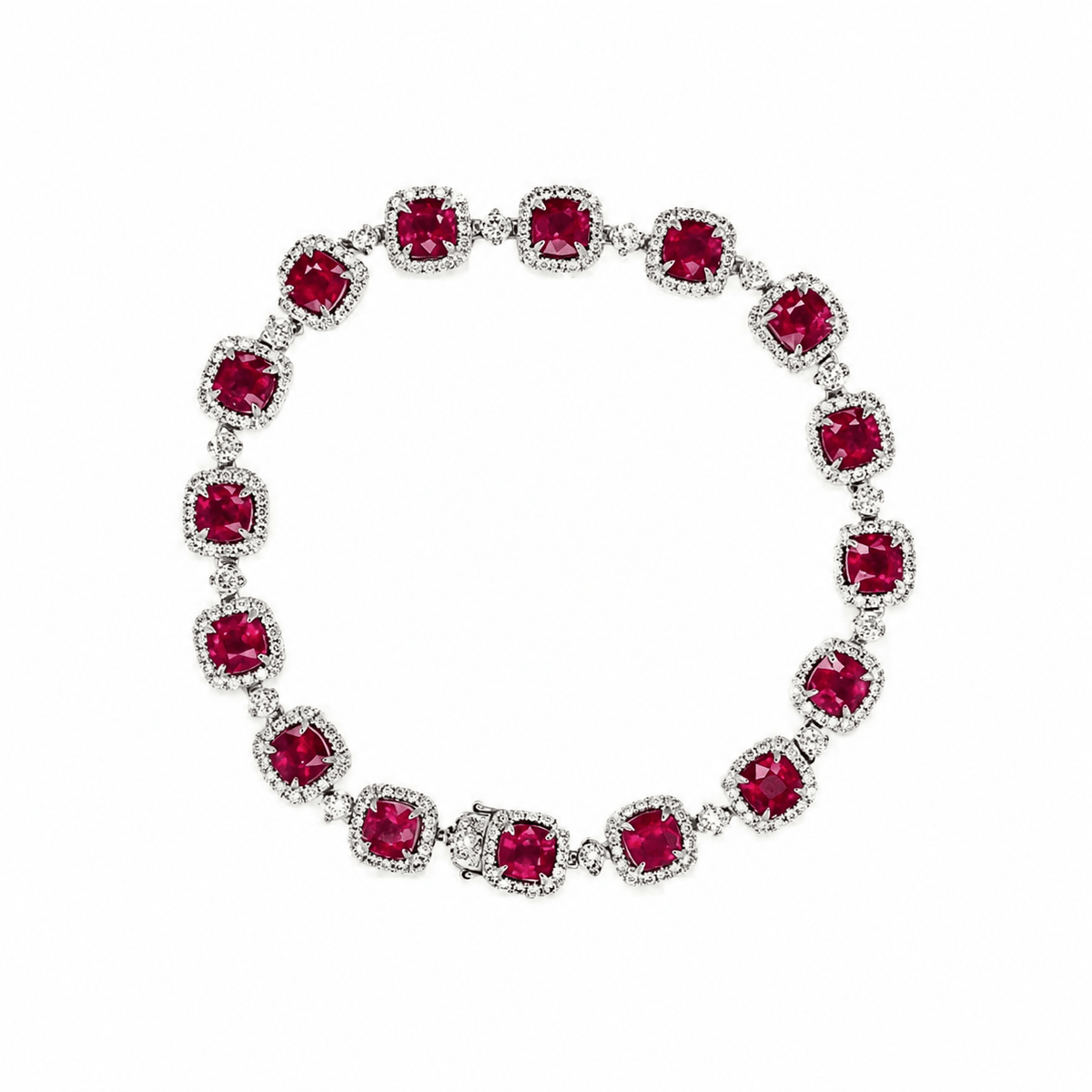 Cushion Cut Ruby Diamond Halo Line Bracelet
