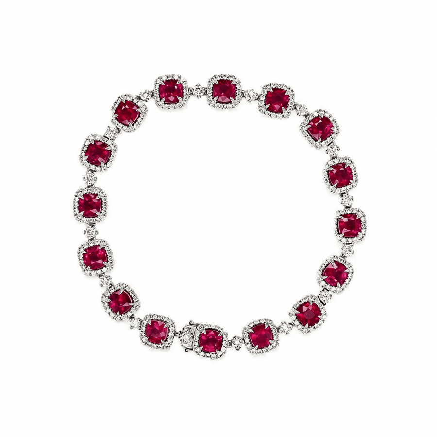Cushion Cut Ruby Diamond Halo Line Bracelet