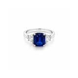 Cushion Cut Sapphire Diamond 3 Stone Ring- Cushion Cut Sapphire Diamond 3 Stone Ring