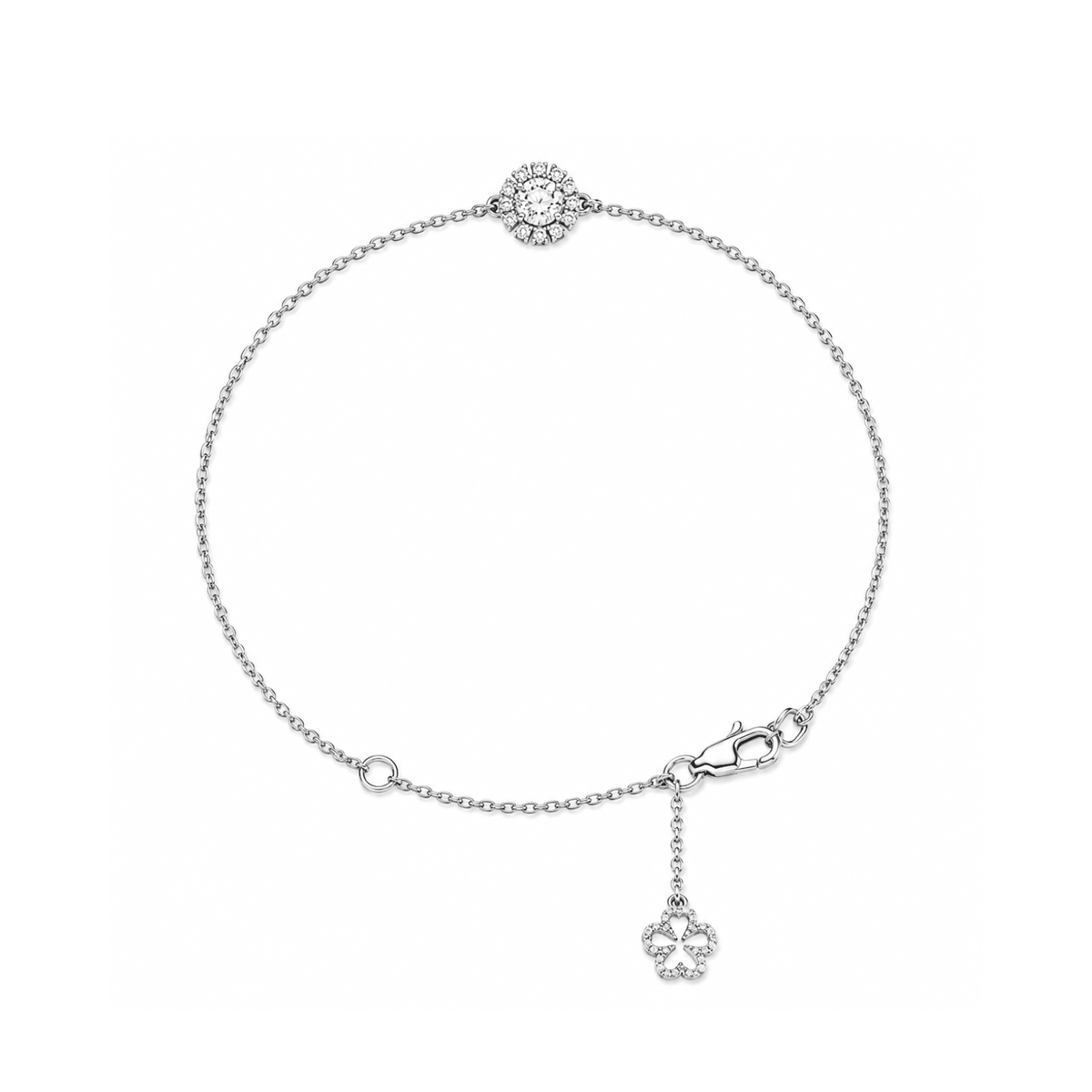 18 karat white gold diamond bracelet with adjustable chain.
