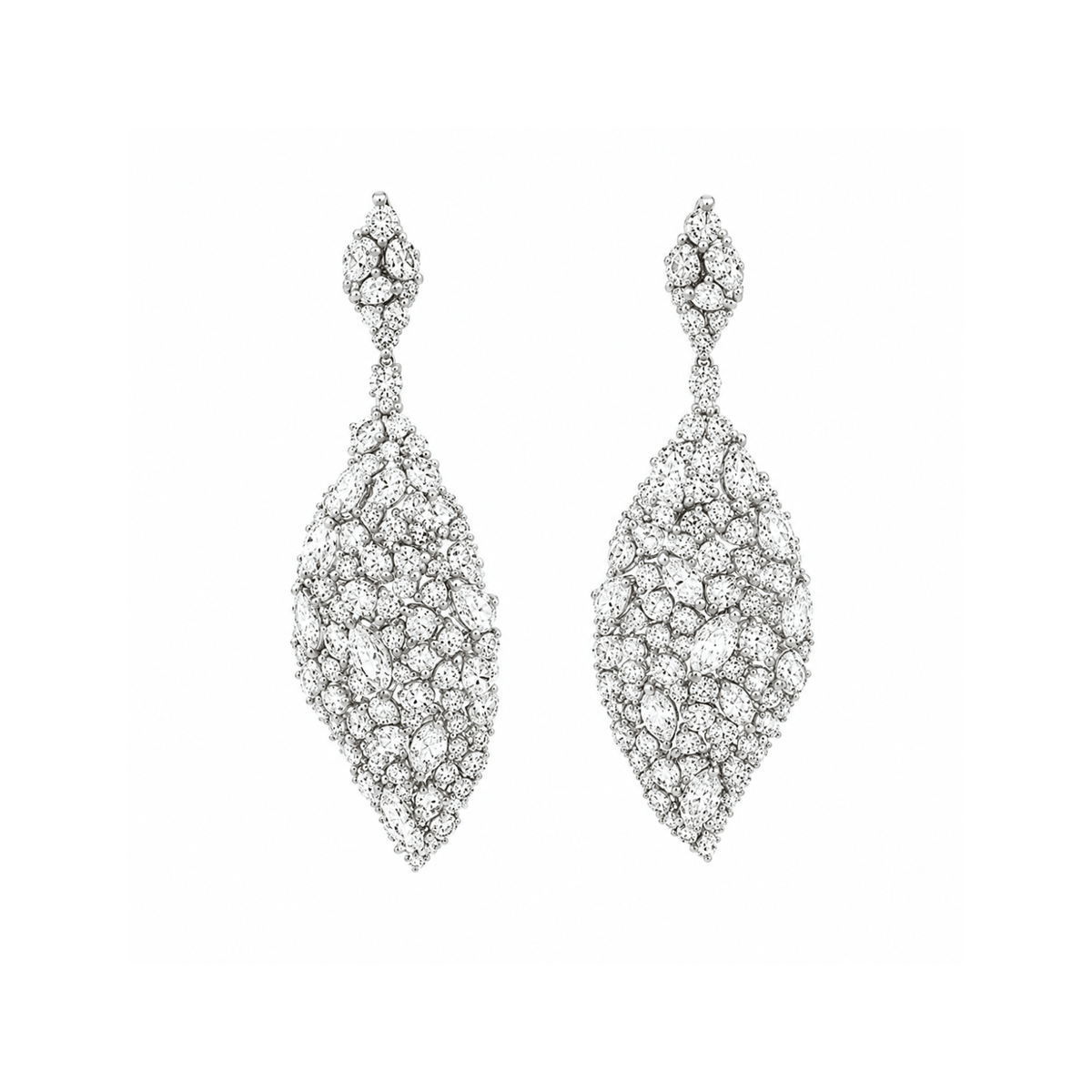 18 karat white gold and diamond drop earrings.