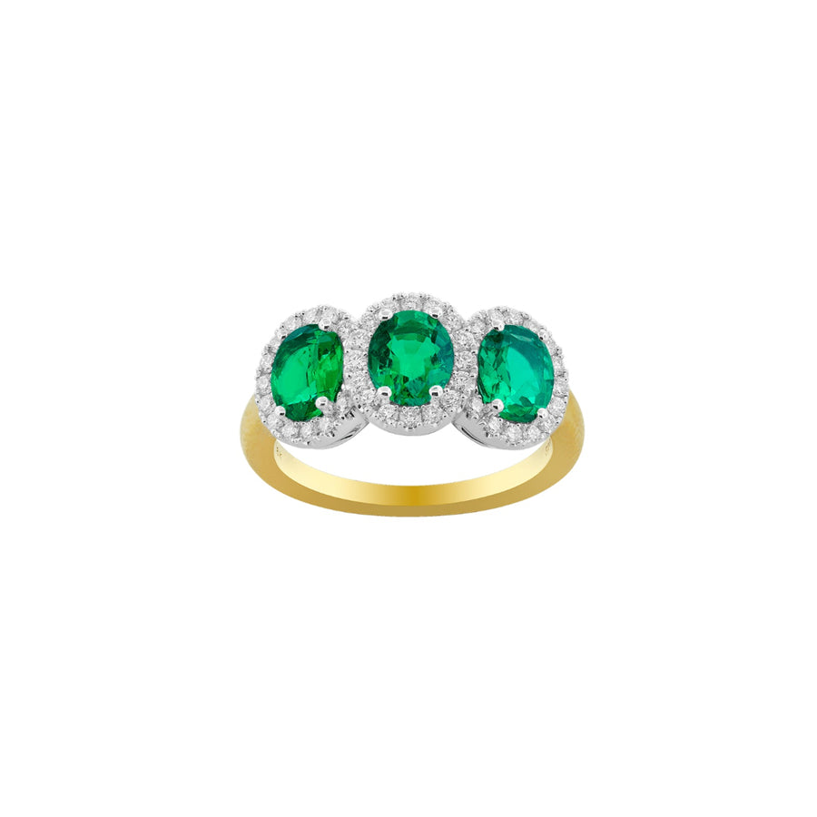 Emerald 3 Stone Diamond Halo Ring