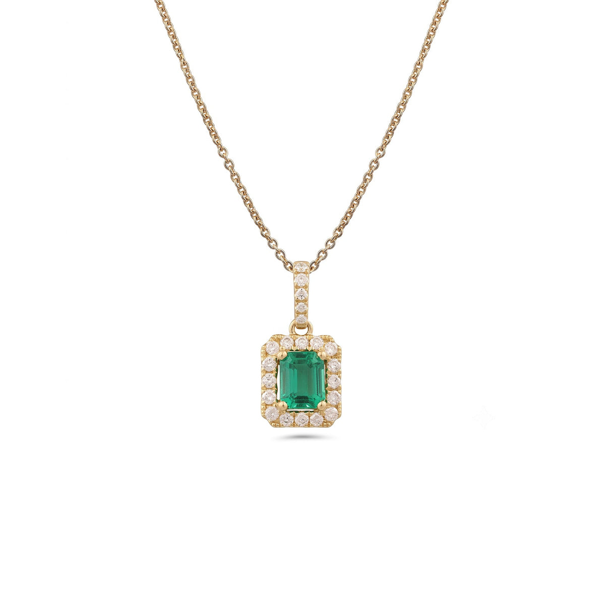 Emerald Cut Emerald Diamond Halo Pendant and Chain