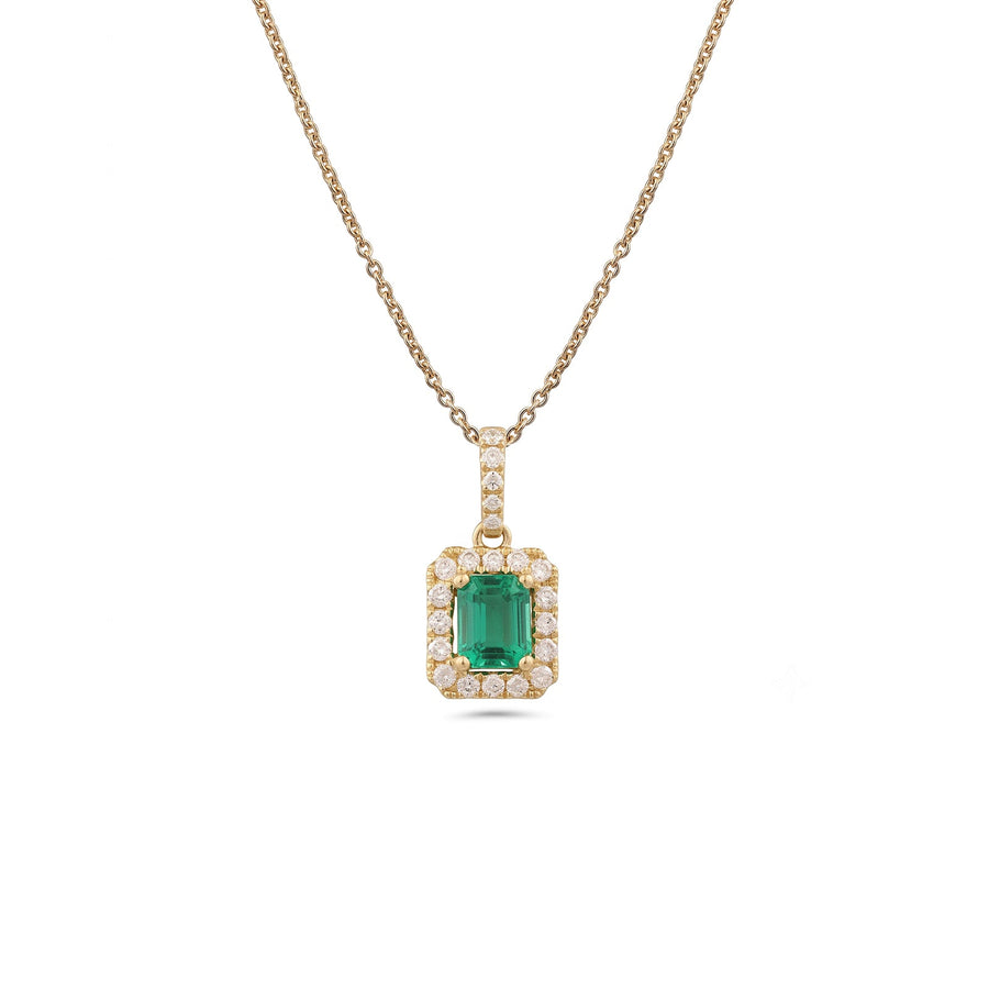 Emerald Cut Emerald Diamond Halo Pendant and Chain