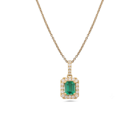 Emerald Cut Emerald Diamond Halo Pendant and Chain-Emerald Cut Emerald Diamond Halo Pendant and Chain