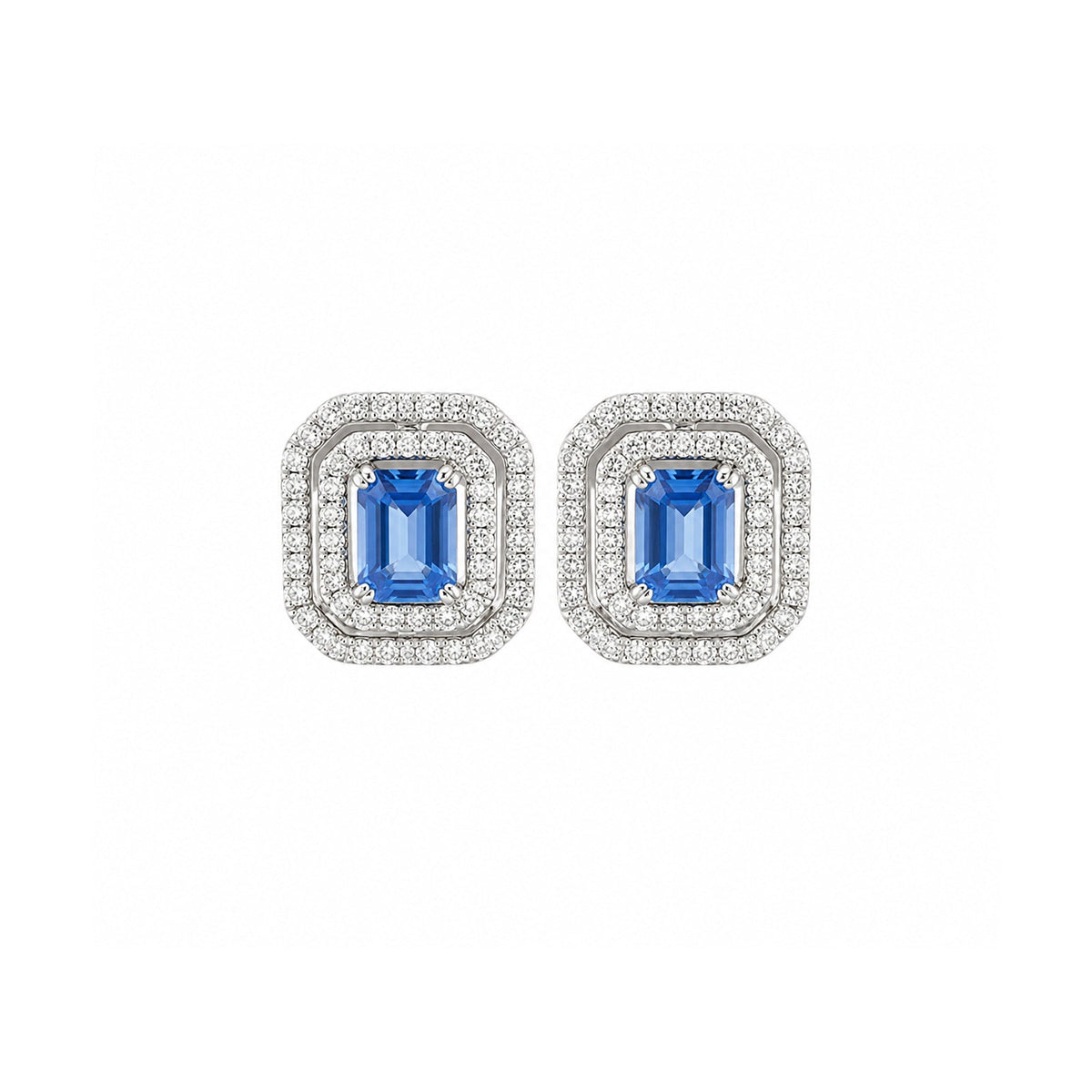 Emerald Cut Sapphire and Double Diamond Halo Stud Earrings - SETIJ00257