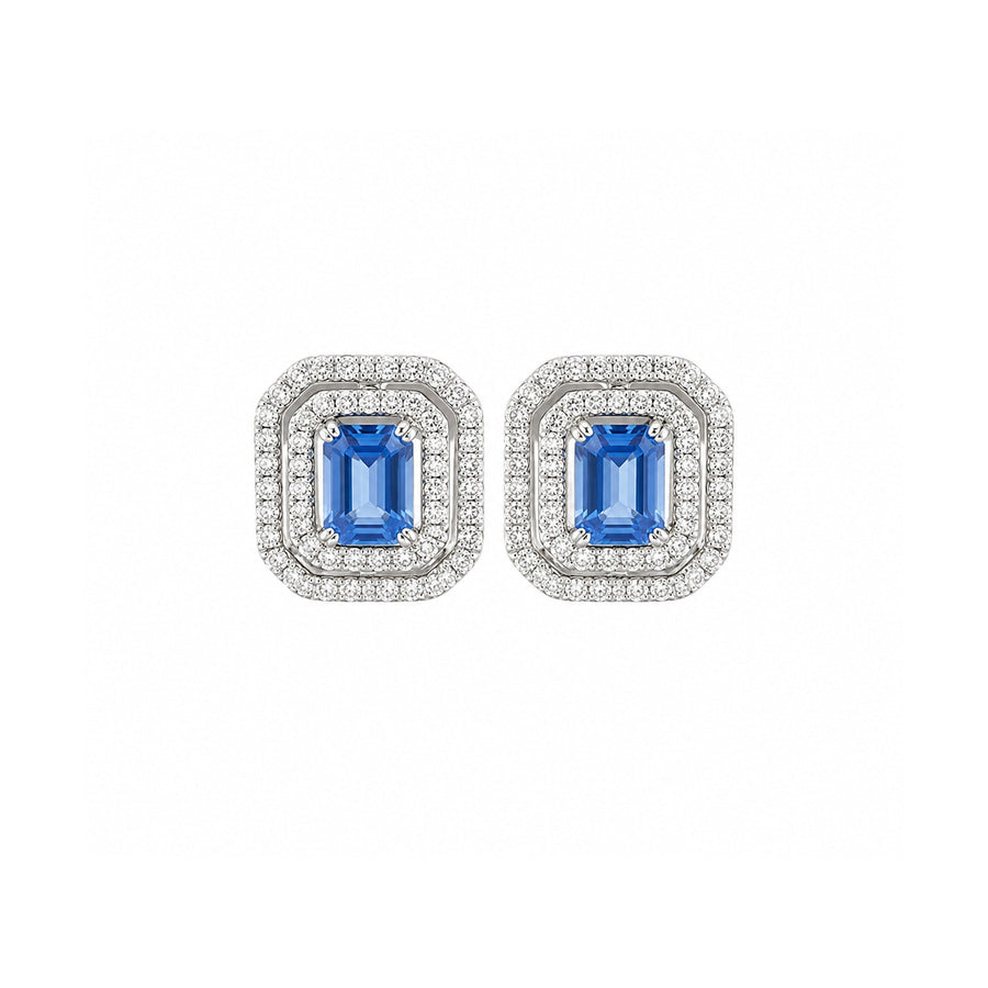 Emerald Cut Sapphire and Double Diamond Halo Stud Earrings - SETIJ00257