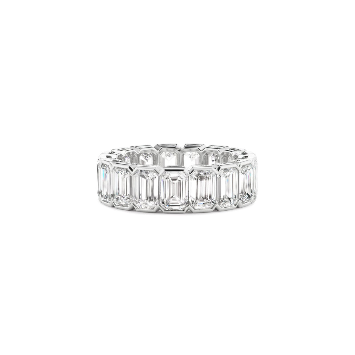 Emerald Diamond Eternity Band in platinum totaling 4.45 carats.