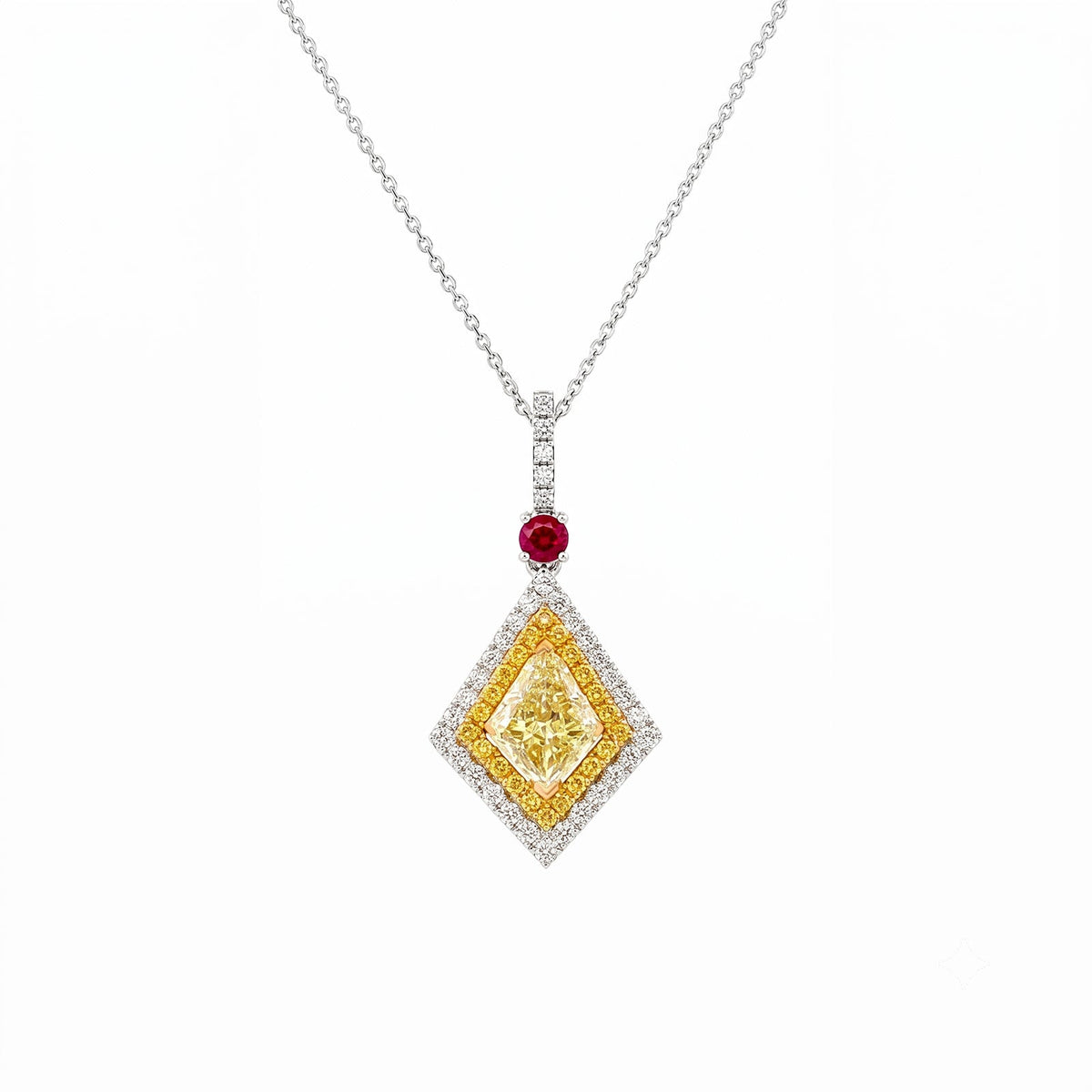 Fancy Yellow Diamond Double Halo and Ruby Accent Geometric Drop Pendant Necklace