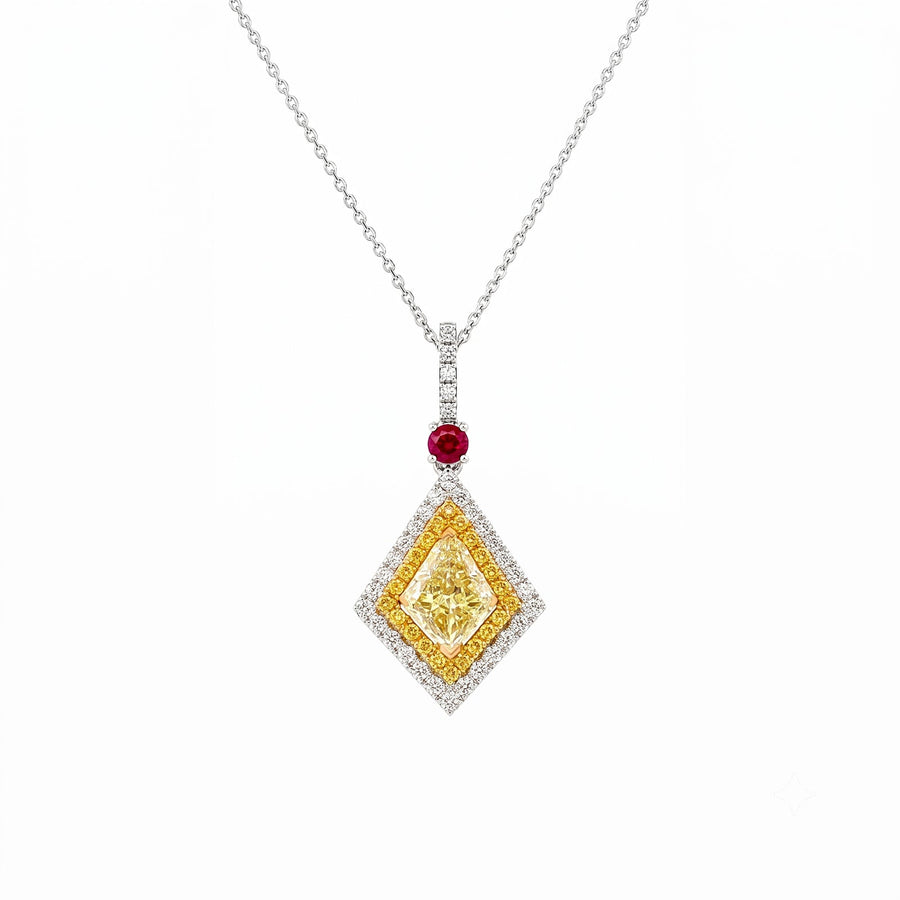 Fancy Yellow Diamond Double Halo and Ruby Accent Geometric Drop Pendant Necklace