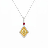 Fancy Yellow Diamond Double Halo and Ruby Accent Geometric Drop Pendant Necklace-Fancy Yellow Diamond Double Halo and Ruby Accent Geometric Drop Pendant Necklace
