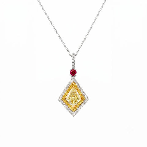 Fancy Yellow Diamond Double Halo and Ruby Accent Geometric Drop Pendant Necklace-Fancy Yellow Diamond Double Halo and Ruby Accent Geometric Drop Pendant Necklace