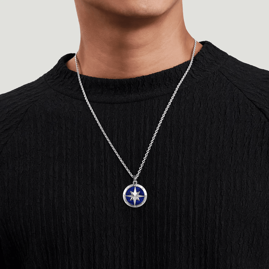 Gabriel & Co. 22 Inch 925 Sterling Silver Diamond and Lapis Compass Pendant Necklace NKM2138-22SV5LP