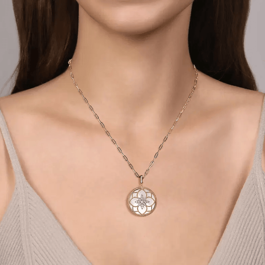 Gabriel & Co. Floral Bujukan Diamond and Mother of Pearl Medallion Pendant PT6625Y45WM