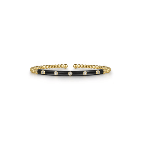 Gabriel & Co. Gold Bujukan Beads and Diamond Split Bangle with Black Enamel-Gabriel & Co. Gold Bujukan Beads and Diamond Split Bangle with Black Enamel - 