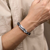 Gabriel & Co. Leather Bangle with Black Spinel Wave ID Bangle-Gabriel & Co. Leather Bangle with Black Spinel Wave ID Bangle - BGM2203 - 72SVJBS