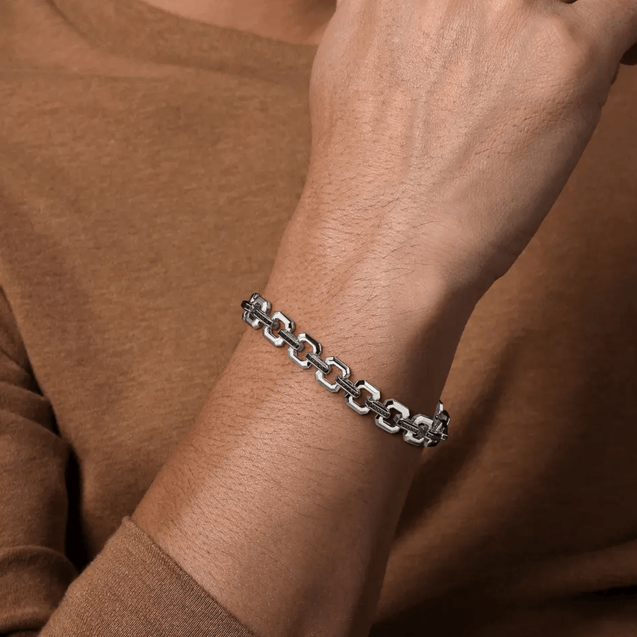 Gabriel & Co. Sterling Silver Men's Link Chain Tennis Bracelet with Black Spinel Connectors TBM4825-8SVJBS
