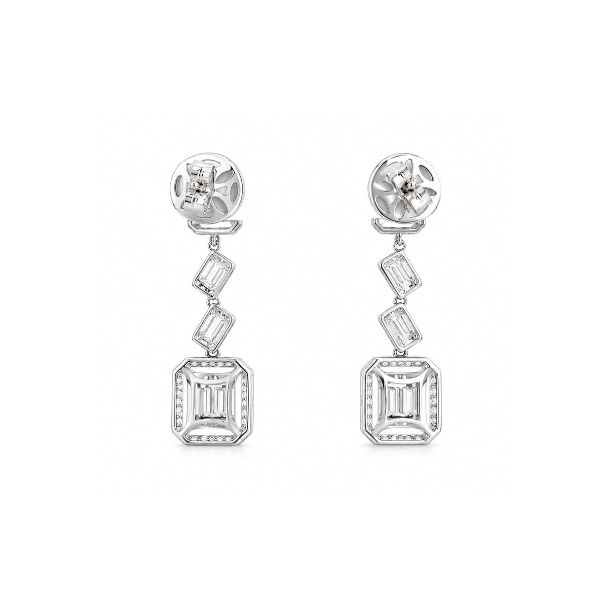 Geometric Emerald Cut & Baguette Diamond Halo Drop Earrings