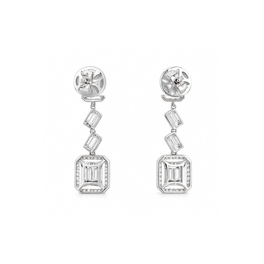 Geometric Emerald Cut & Baguette Diamond Halo Drop Earrings