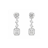Geometric Emerald Cut & Baguette Diamond Halo Drop Earrings-Geometric Emerald Cut & Baguette Diamond Halo Drop Earrings