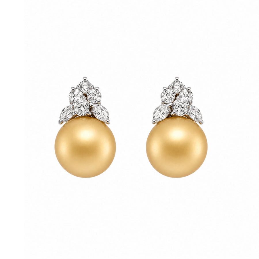 Golden South Sea Pearl & Diamond Tiara Cluster Stud Earrings - PEMXM00521