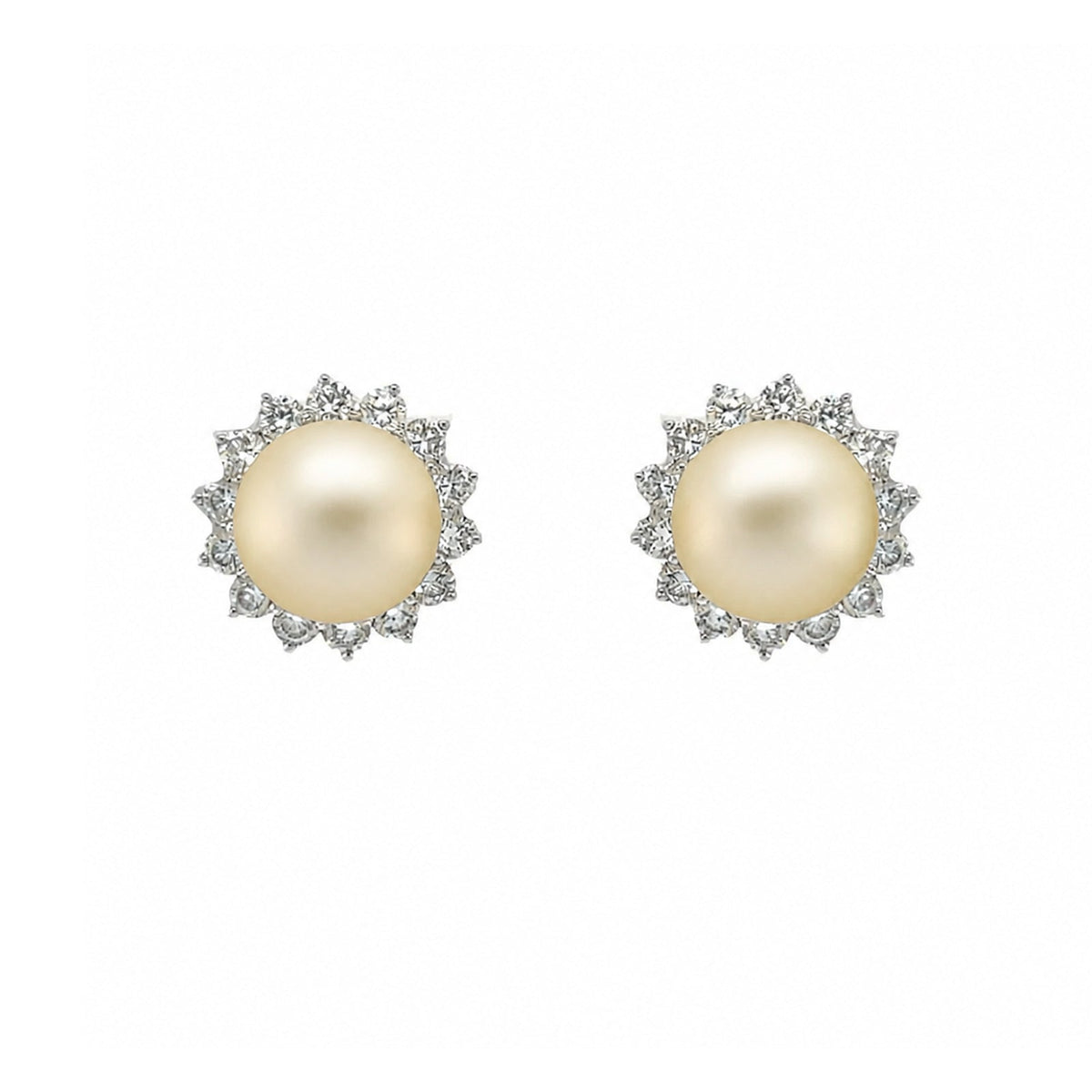 Golden South Sea Pearl & Sunburst Diamond Halo Stud Earrings - PEMXM00265