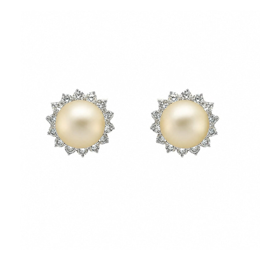 Golden South Sea Pearl & Sunburst Diamond Halo Stud Earrings - PEMXM00265