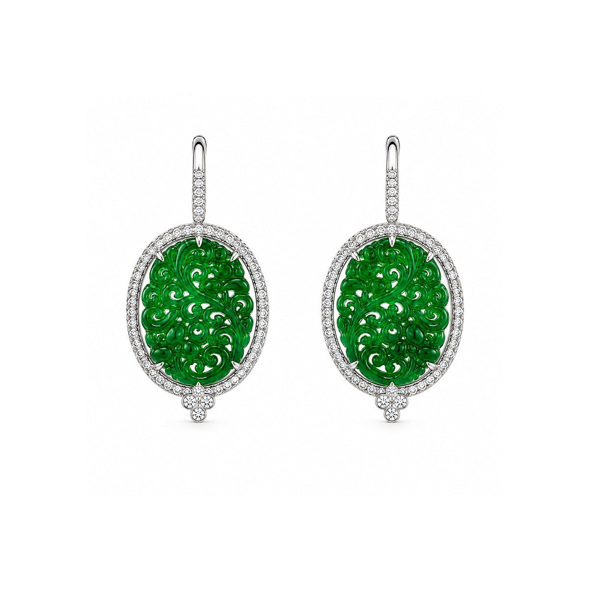 Hand-Carved Jade and Diamond Oval Halo Drop Earrings
