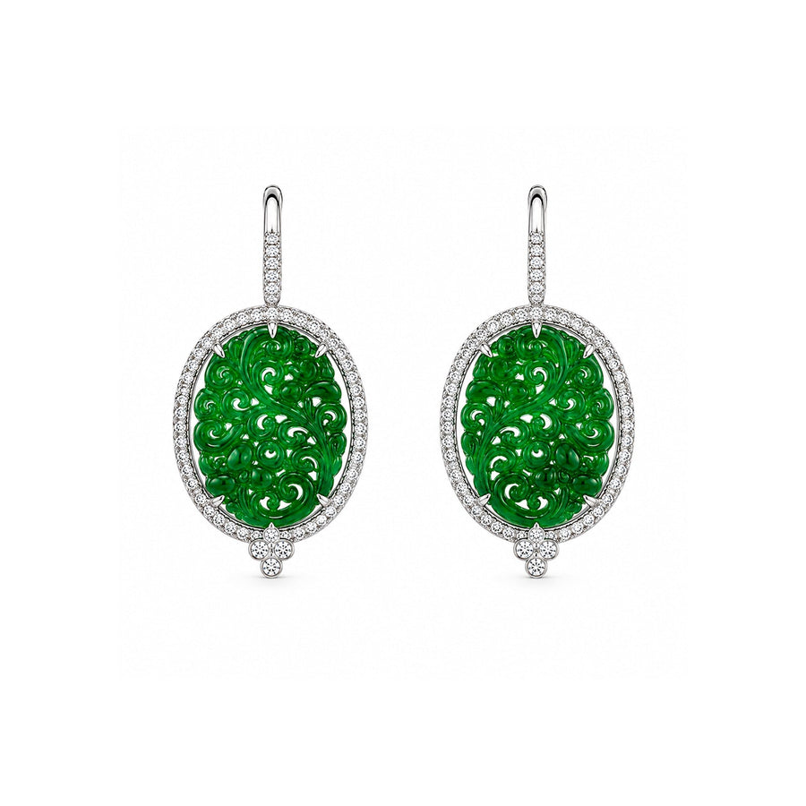 Hand-Carved Jade and Diamond Oval Halo Drop Earrings