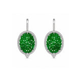 Hand-Carved Jade and Diamond Oval Halo Drop Earrings-Hand-Carved Jade and Diamond Oval Halo Drop Earrings