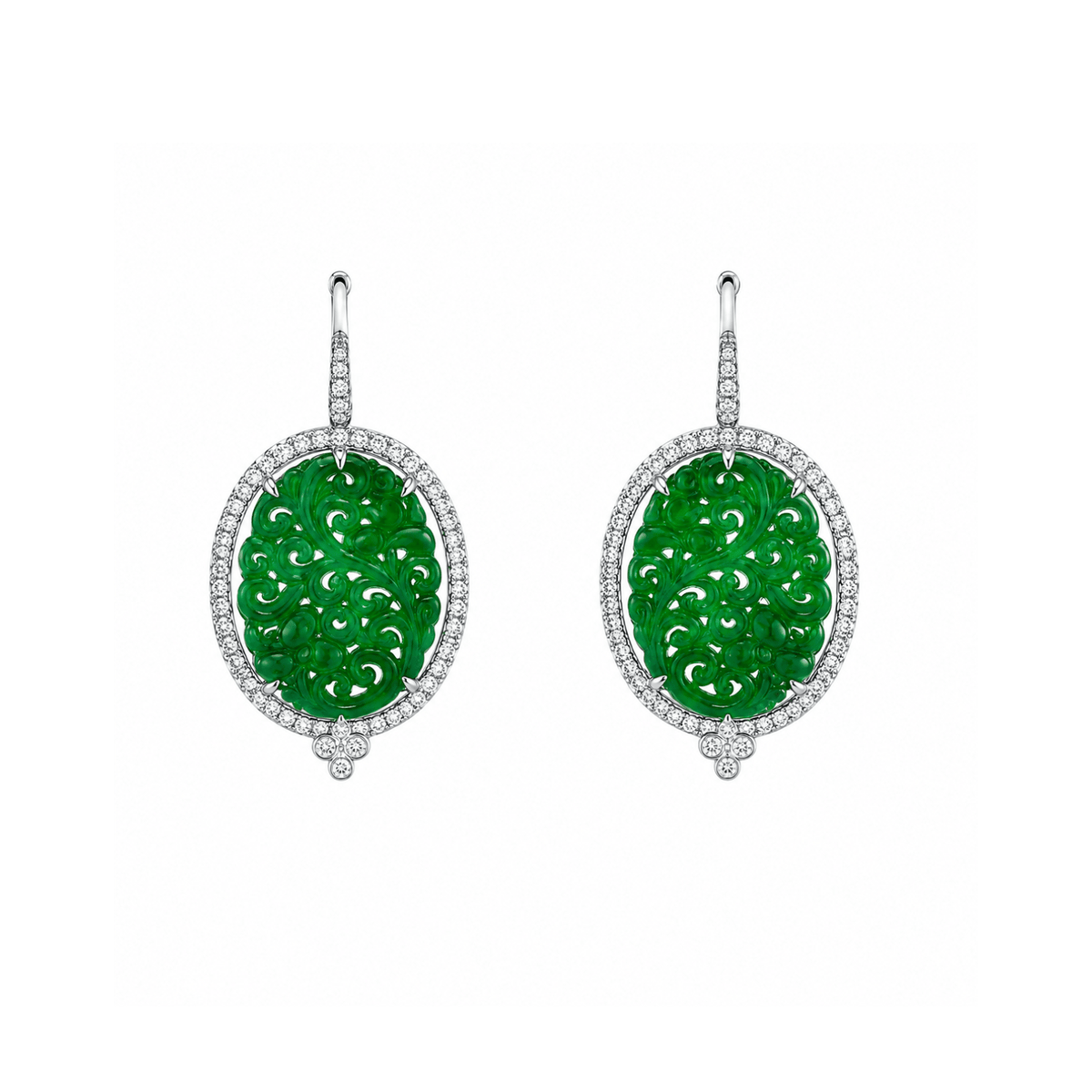 Hand-Carved Jade and Diamond Oval Halo Drop Earrings