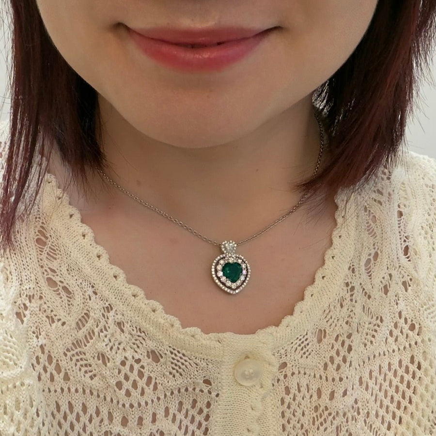 Heart Brilliant Cut Emerald Diamond Halo Pendant and Chain - ENSPK00117