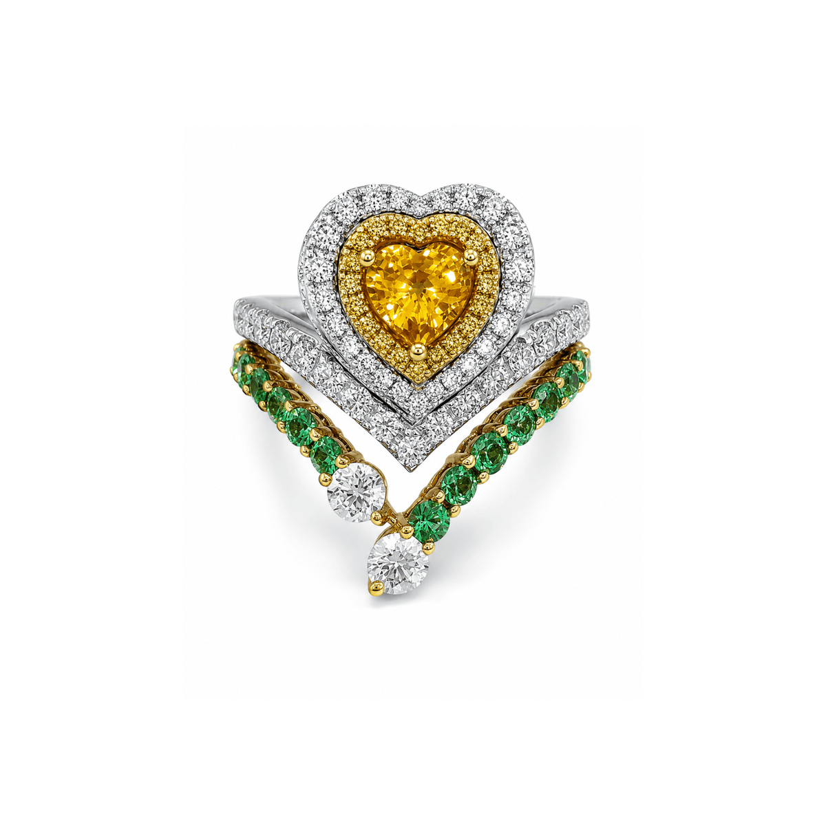 Heart Brilliant Cut Yellow Sapphire Double Diamond Halo V Ring - SRTIJ02437