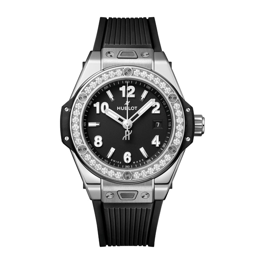 Hublot Big Bang One Click Steel Diamonds - 485.SX.1170.RX.1204 - Hublot Big Bang One Click Steel Diamonds in a 33mm stainless steel diamond bezel case with black dial on black structured lined rubber strap, featuring a date display and automatic movement with up to 40 hours of power reserve.