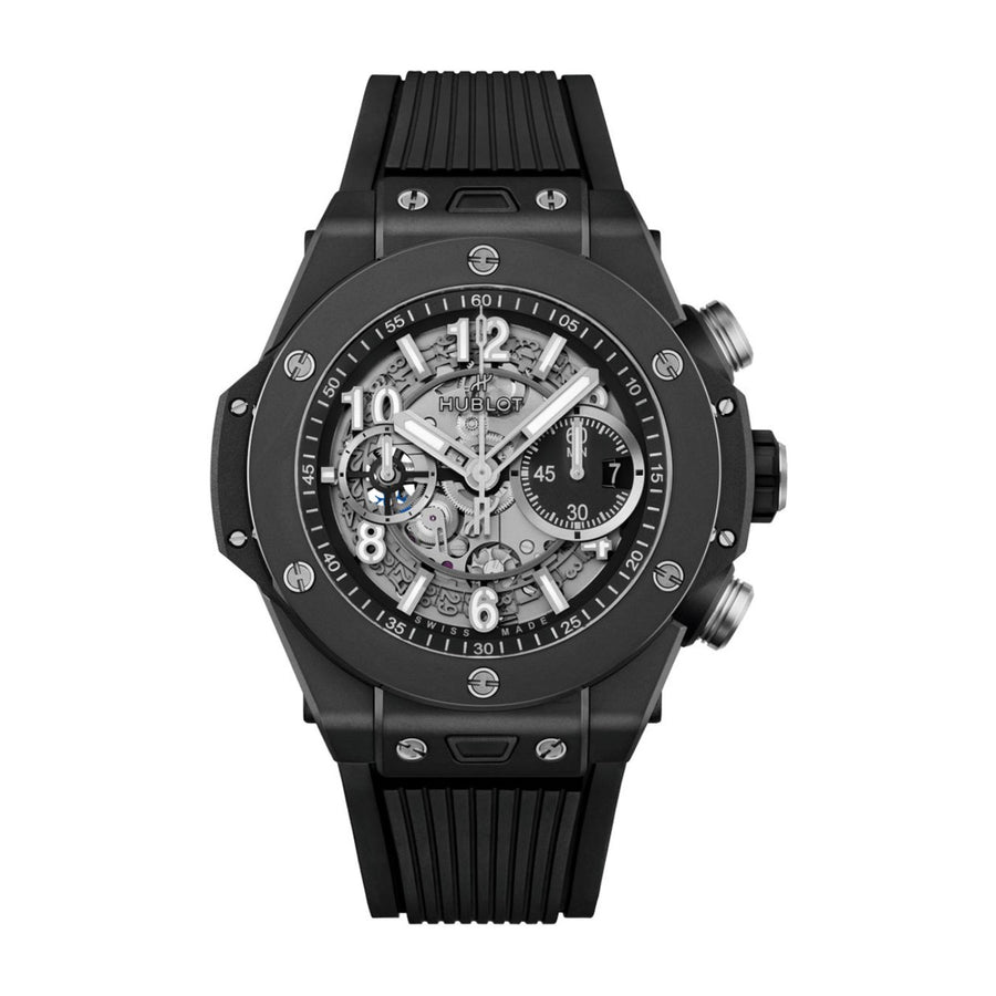 Hublot Big Bang Unibo Black Magic 421.CI.1170.RX - Hublot Big Bang Unico Black Magic in a 44mm microblasted and polished black ceramic case with matte black skeleton dial on black rubber strap, featuring HUB1280 UNICO manufacture self-winding chronograph flyback movement with up to 72 hours of power reserve.
