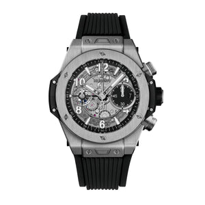 Hublot Big Bang Unico Titanium 42mm-Hublot Big Bang Unico Titanium - 441.NX.1171.RX - Hublot Big Bang Unico Titanium in a 42mm titanium case with skeleton dial on black structured lined rubber strap, featuring a chronograph function, small seconds display and automatic movement with up to 72 hours of power reserve.