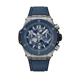 Hublot Big Bang Unico Titanium Blue Ceramic 44mm-Hublot Big Bang Unico Titanium Blue Ceramic in a 44mm titanium blue ceramic bezel case with skeleton dial on blue rubber structured strap, featuring a chronograph function, date display and automatic movement with up to 72 hours of power reserve.