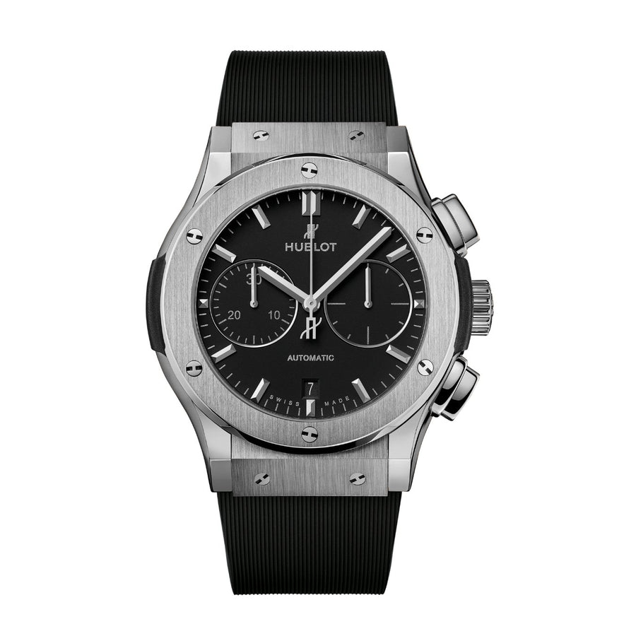 Hublot Classic Fusion Chronograph Titanium - 521.NX.1171.RX - Hublot Classic Fusion Chronograph Titanium in a 45mm titanium case with black dial on black rubber strap,featuring chronograph function and automatic movement with up to 42 hours of power reserve.