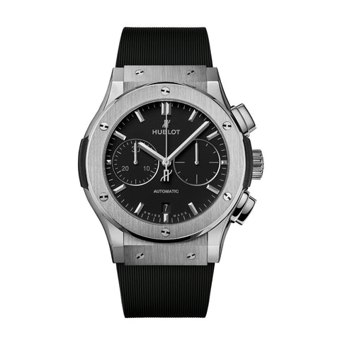Hublot Classic Fusion Chronograph Titanium 45mm-Hublot Classic Fusion Chronograph Titanium - 521.NX.1171.RX - Hublot Classic Fusion Chronograph Titanium in a 45mm titanium case with black dial on black rubber strap,featuring chronograph function and automatic movement with up to 42 hours of power reserve.
