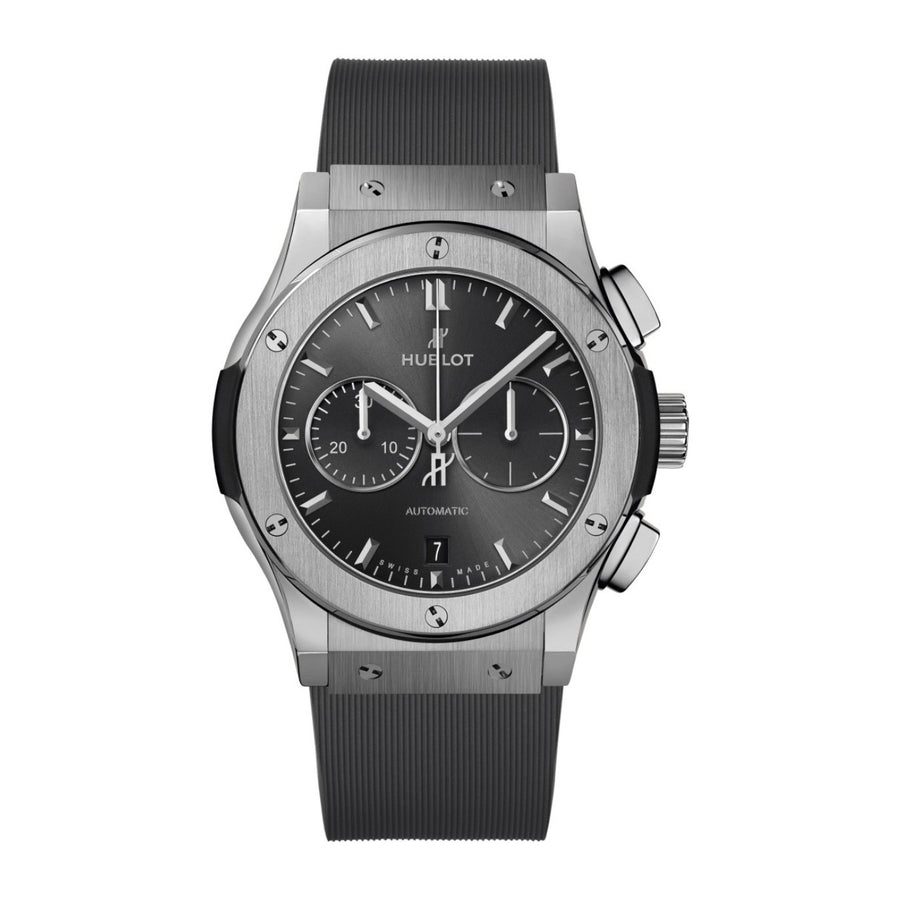 Hublot Classic Fusion Racing Grey Chronograph Titanium in a 42mm titanium case with grey dial on rubber strap, featuring a chronograph function , date display and automatic movement with up to 42 hours of power reserve.
