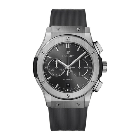 Hublot Classic Fusion Racing Grey Chronograph Titanium 42mm-Hublot Classic Fusion Racing Grey Chronograph Titanium in a 42mm titanium case with grey dial on rubber strap, featuring a chronograph function , date display and automatic movement with up to 42 hours of power reserve.