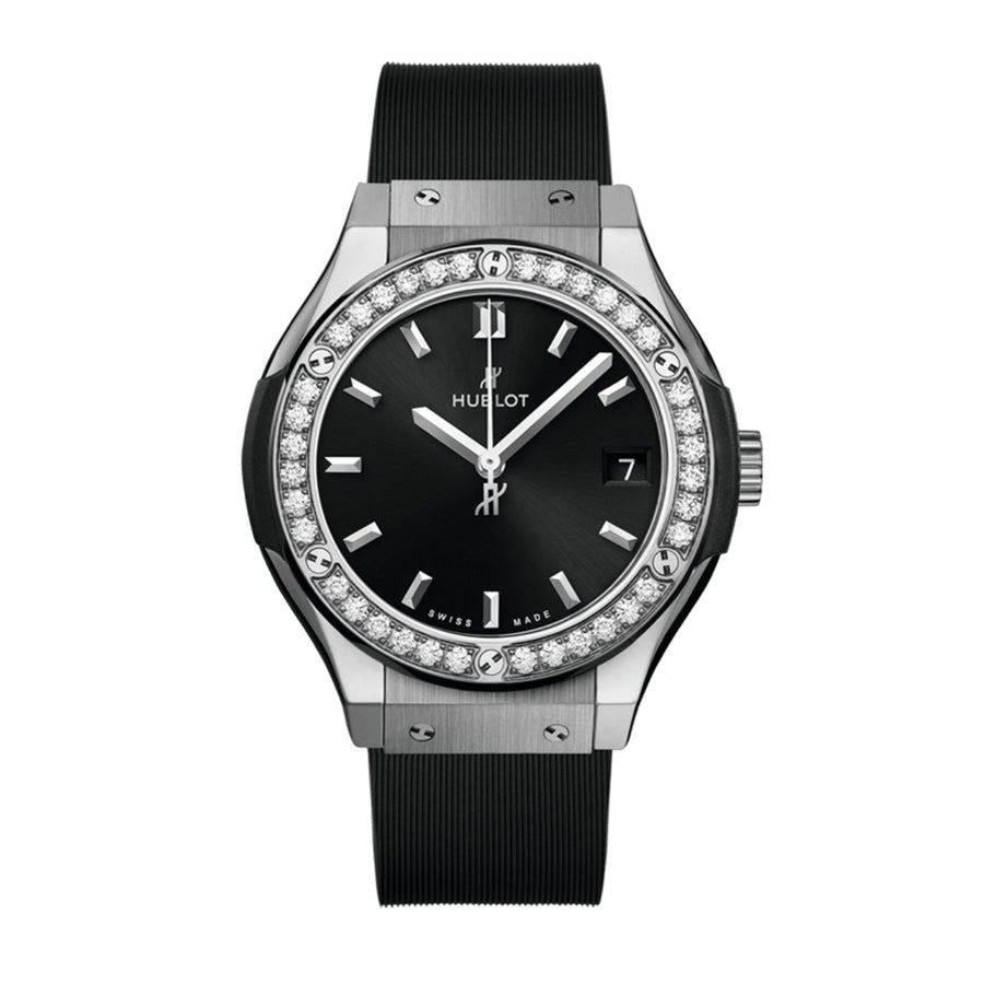 Hublot Classic Fusion Titanium Diamonds - 581.NX.1470.RX.1104 - Hublot Classic Fusion Titanium Diamonds in a 33mm titanium diamond bezel case with black dial on black rubber strap, featuring a date display and quartz movement.