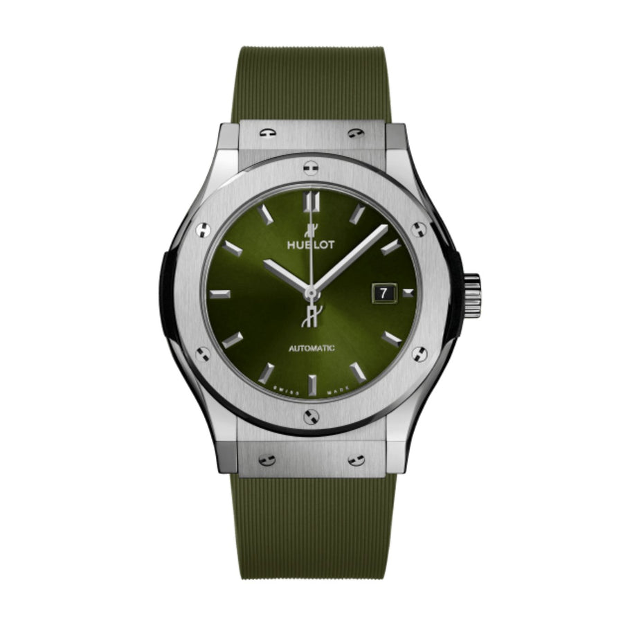 Hublot Classic Fusion Titanium Green - 542.NX.8970.RX - Hublot Classic Fusion Titanium Green in a 42mm titanium case with vibrant green dial on green rubber strap, featuring a date display and automatic movement with up to 42 hours of power reserve.