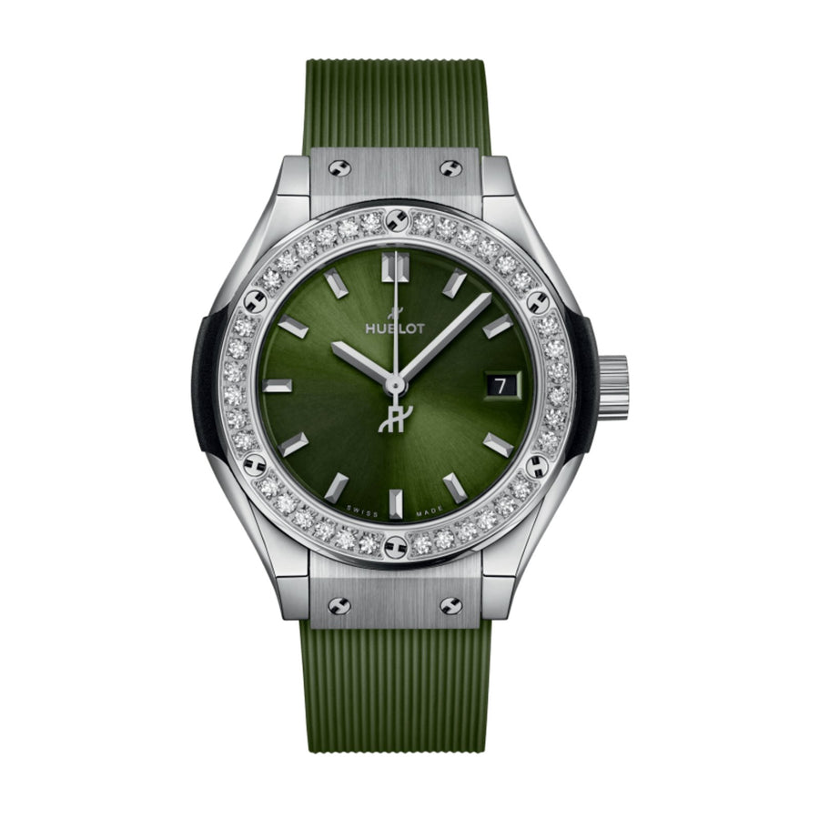 Hublot Classic Fusion Titanium Green Diamonds - 591.NX.8970.RX.1204 - Hublot Classic Fusion Titanium Green Diamonds in a 29mm titanium diamond bezel case with green dial on rubber strap, featuring a date display and quartz movement.