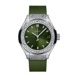 Hublot Classic Fusion Titanium Green Diamonds-Hublot Classic Fusion Titanium Green Diamonds - 591.NX.8970.RX.1204 - Hublot Classic Fusion Titanium Green Diamonds in a 29mm titanium diamond bezel case with green dial on rubber strap, featuring a date display and quartz movement.