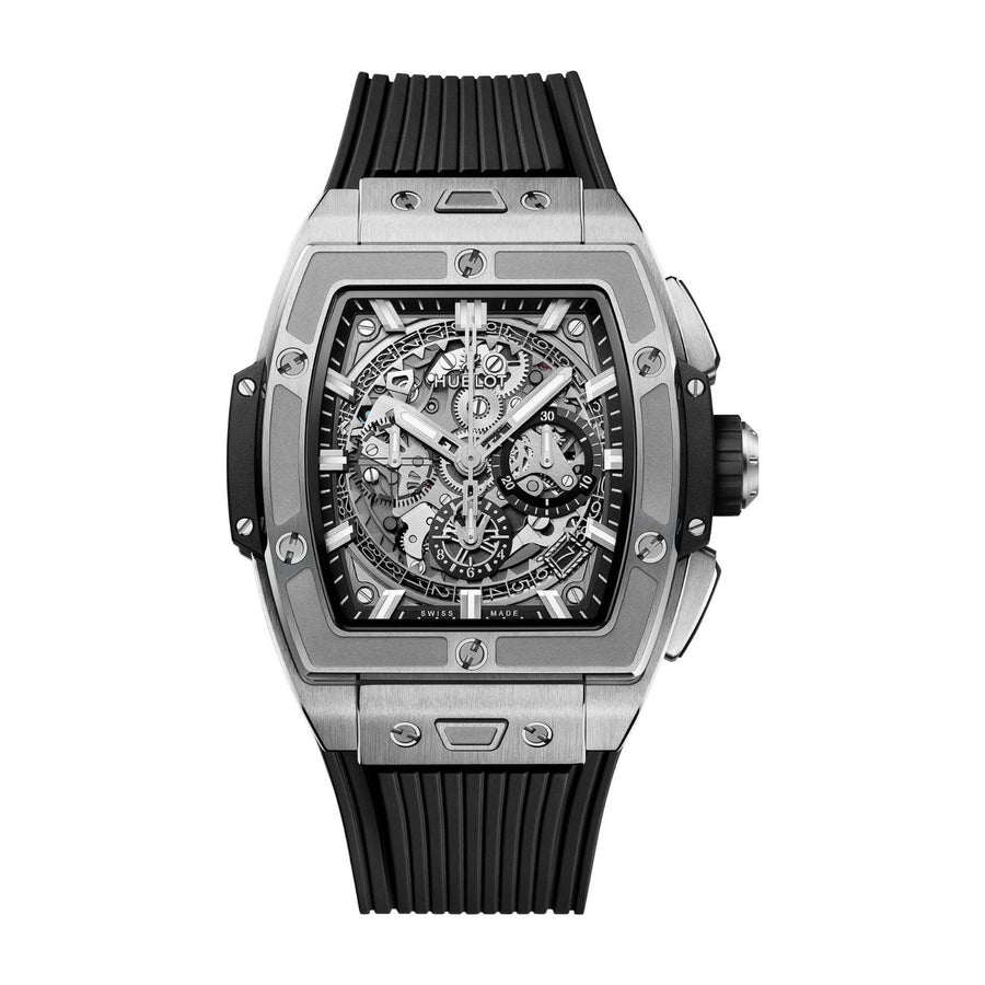 Hublot Spirit of Big Bang Titanium - 642.NX.0170.RX - Hublot Spirit of Big Bang Titanium in a 42mm titanium case, sapphire dial. Water resistance of 100m. HUB4700 Self-winding Skeleton Chronograph Movement, power reserve of 50 hours. Rubber strap